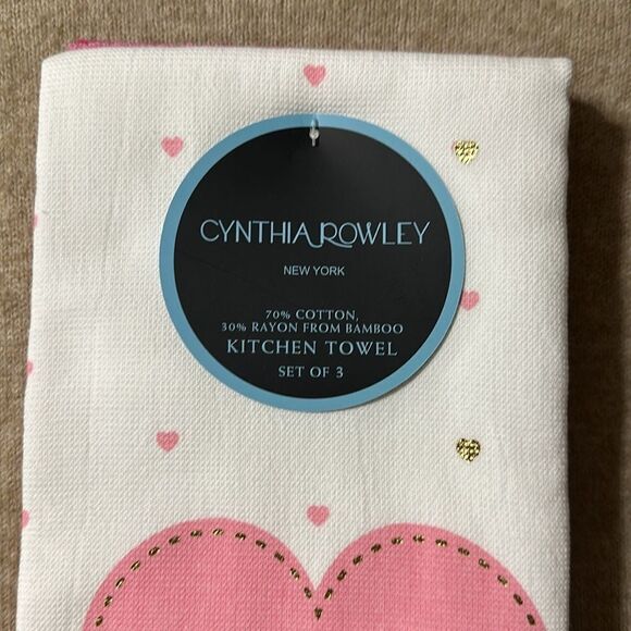 CR Valentine’s Day Pink White Metallic Gold Cotton Tea Kitchen Towels 3 Pack - Picture 5 of 10